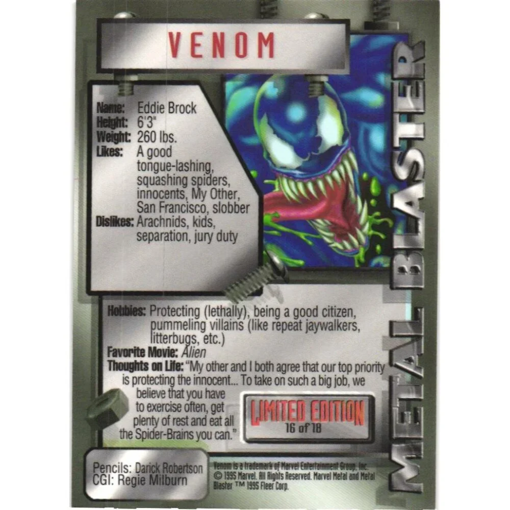 1995 Fleer Marvel Metal Blaster Card Venom Limited Edition #16 of 18 - Picture 3 of 3